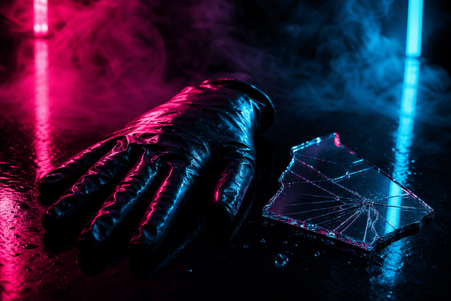 A latex glove and shattered mirror shard lit by magenta and cyan neon glow