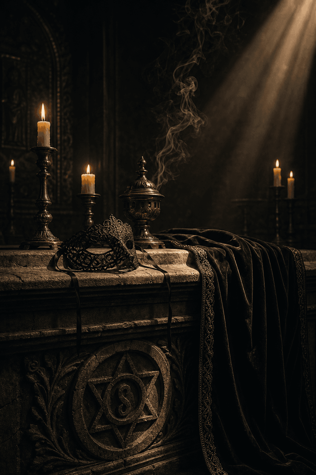 A candlelit altar with a lace mask, dark velvet drape, and curling smoke in deep shadow