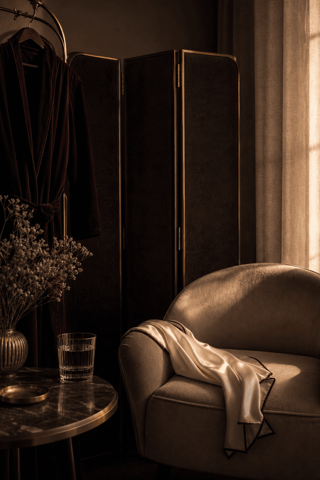 A warm dressing room corner with velvet screen, silk scarf, and soft chair