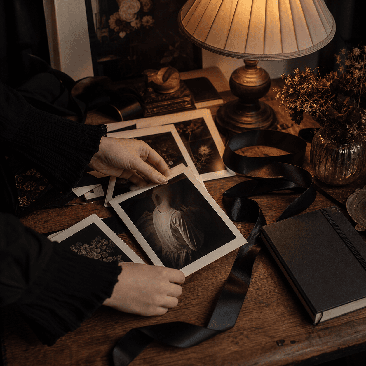 Hands arranging dark art photographs beside a warm lamp