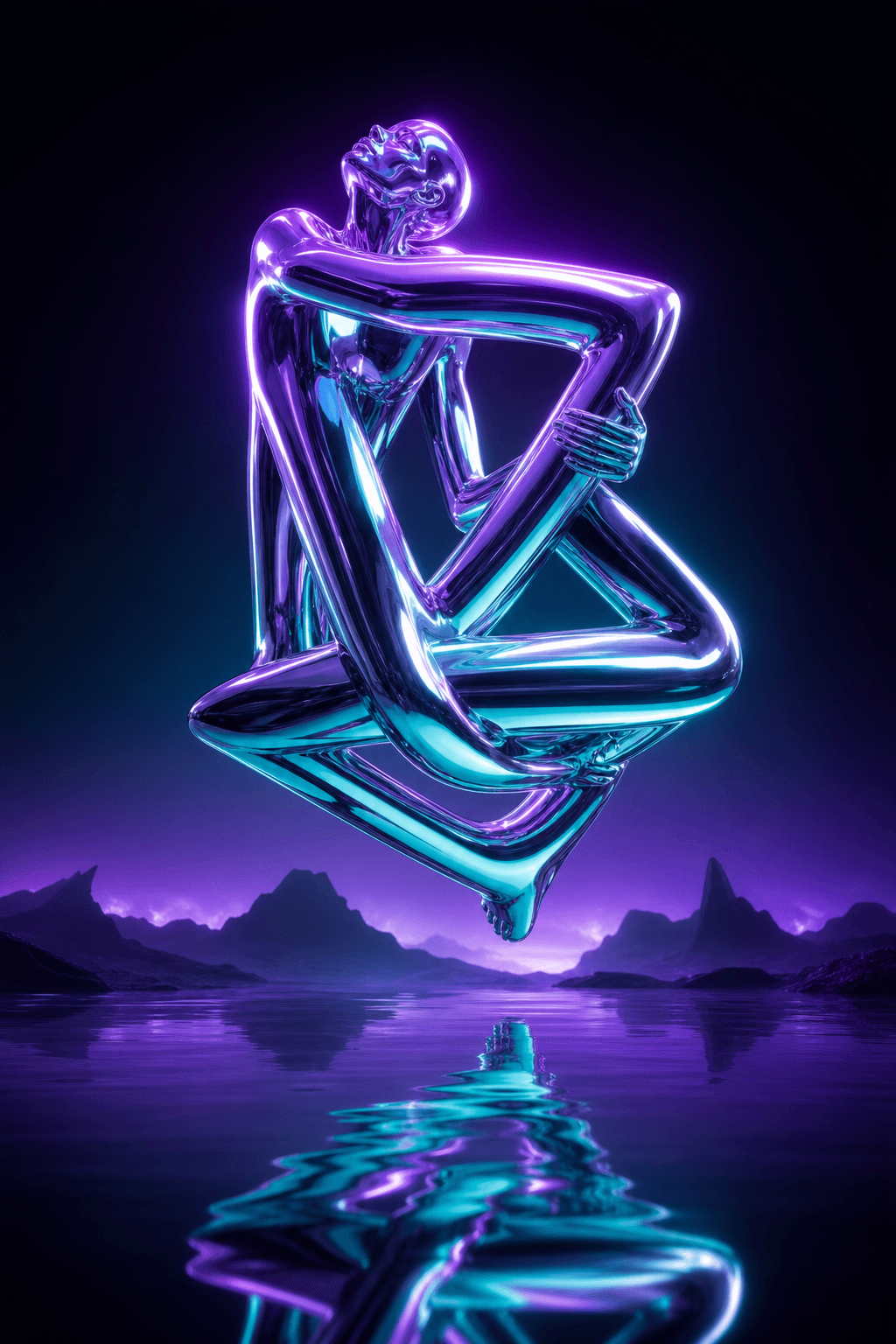 An impossible glowing chrome sculpture floating above a dark mirrored surface in violet light