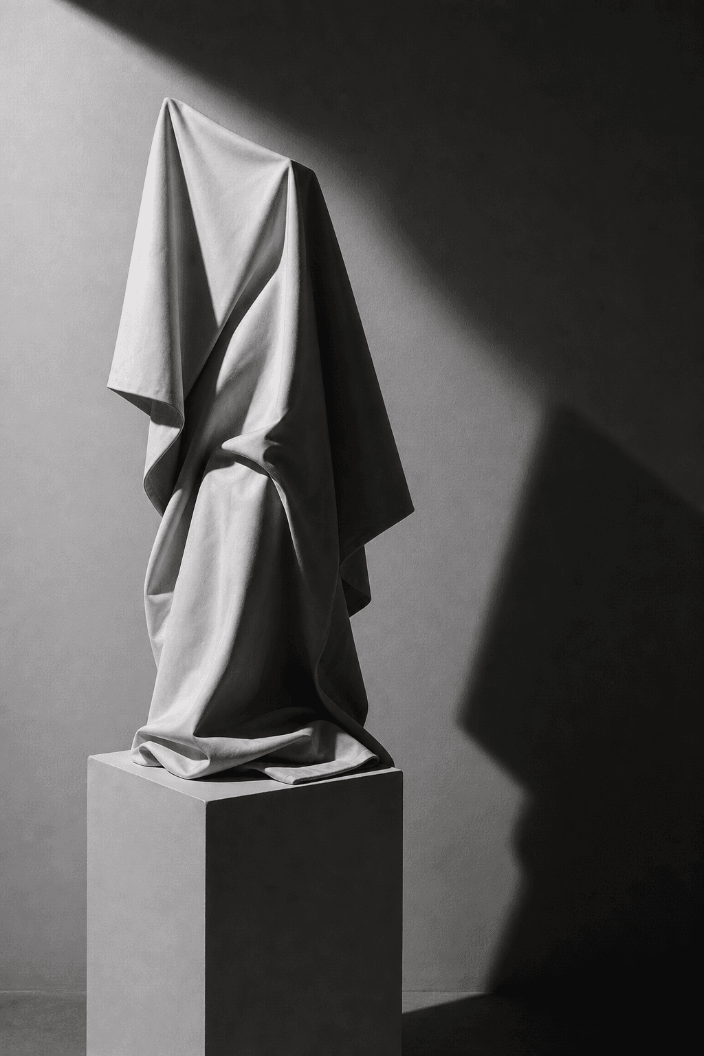 A black and white study of a draped sculpture with sharp negative space and a single strong light source