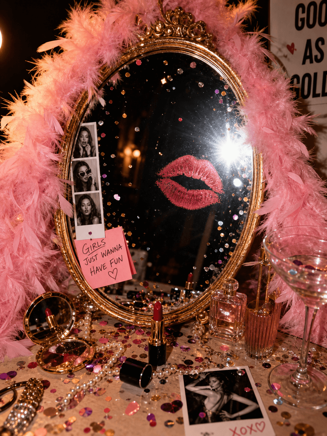 A confetti-flecked mirror with a feather boa and flash-lit lipstick kiss mark