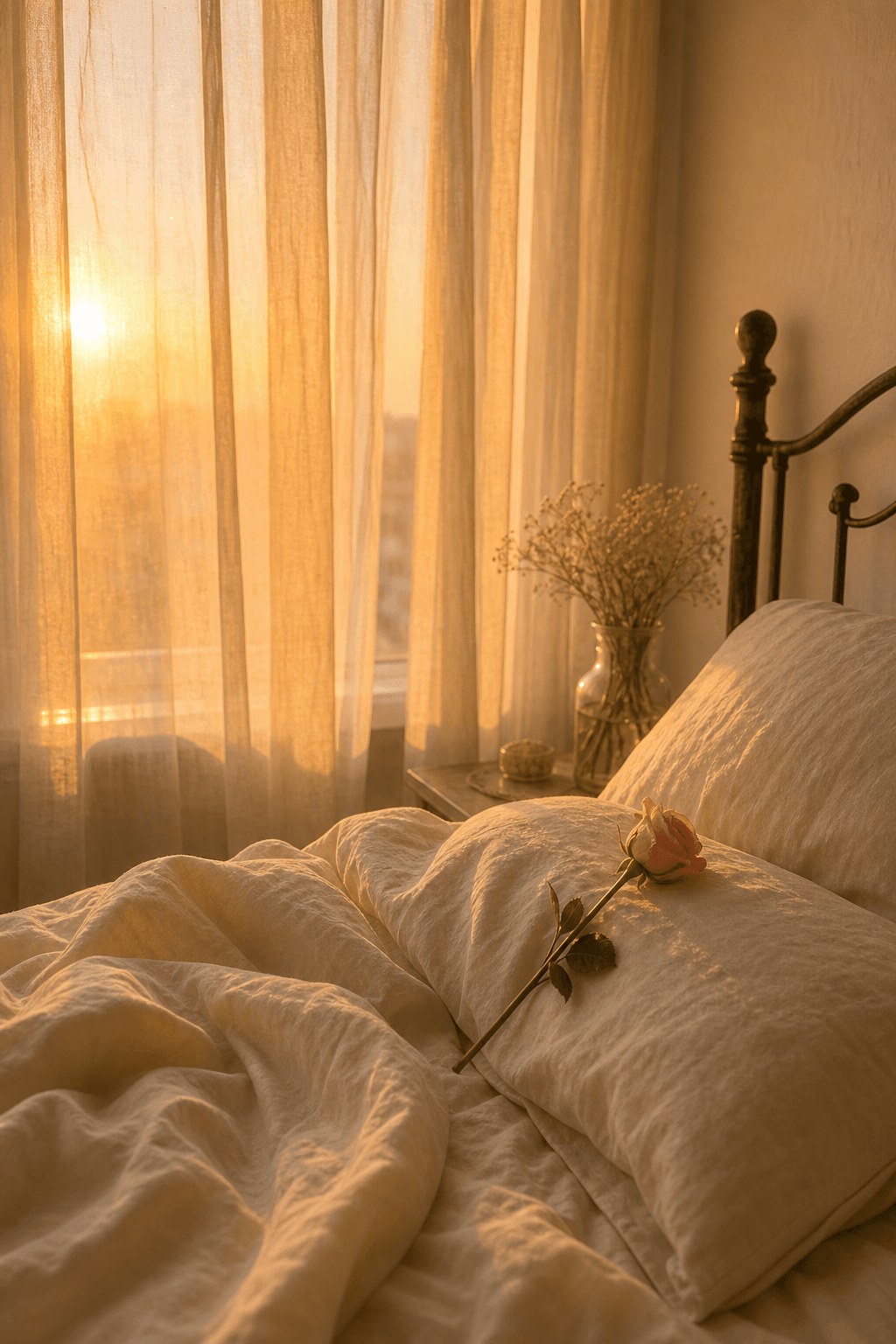Sunlit sheer curtains over a bed with soft linen sheets and warm morning light