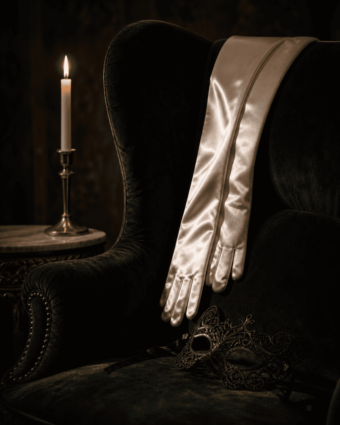A satin glove draped over a velvet chair beside a lit candle and a black lace mask
