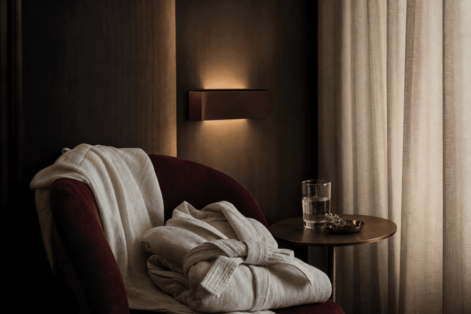 A private room detail with robe, water, and warm curtain light